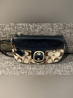 Coach Bleecker Brown Signature Canvas Wristlet with Black Leather Trim